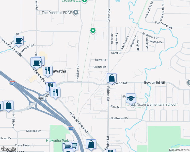 map of restaurants, bars, coffee shops, grocery stores, and more near 195 Boyson Road in Hiawatha