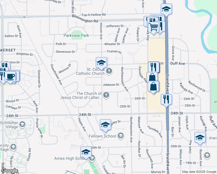 map of restaurants, bars, coffee shops, grocery stores, and more near 1311 28th Street in Ames