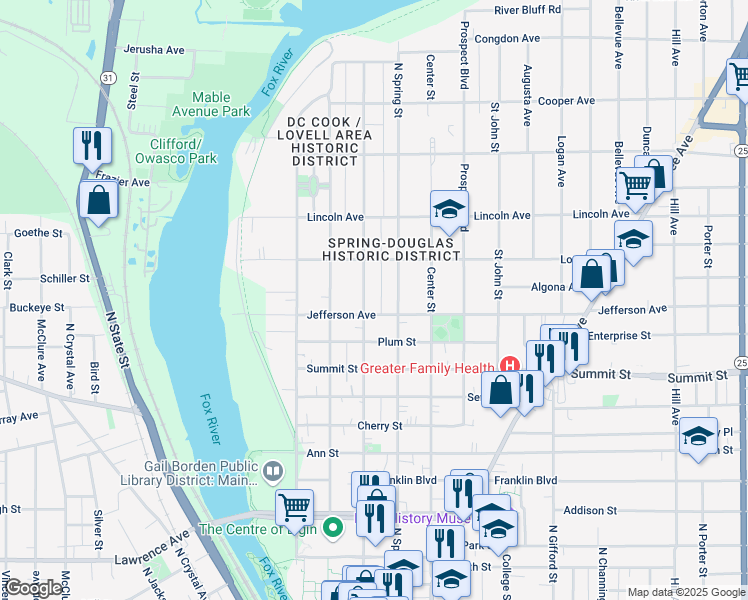 map of restaurants, bars, coffee shops, grocery stores, and more near in Elgin