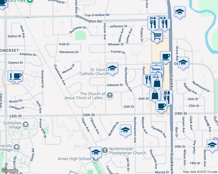 map of restaurants, bars, coffee shops, grocery stores, and more near 1420 28th Street in Ames
