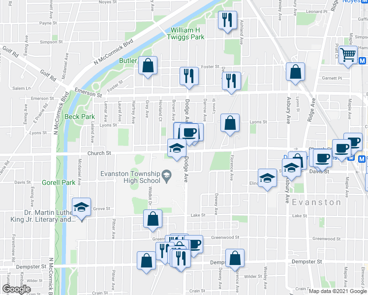 map of restaurants, bars, coffee shops, grocery stores, and more near 1903 Church Street in Evanston