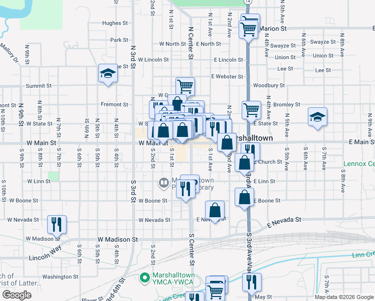 map of restaurants, bars, coffee shops, grocery stores, and more near 13 South Center Street in Marshalltown