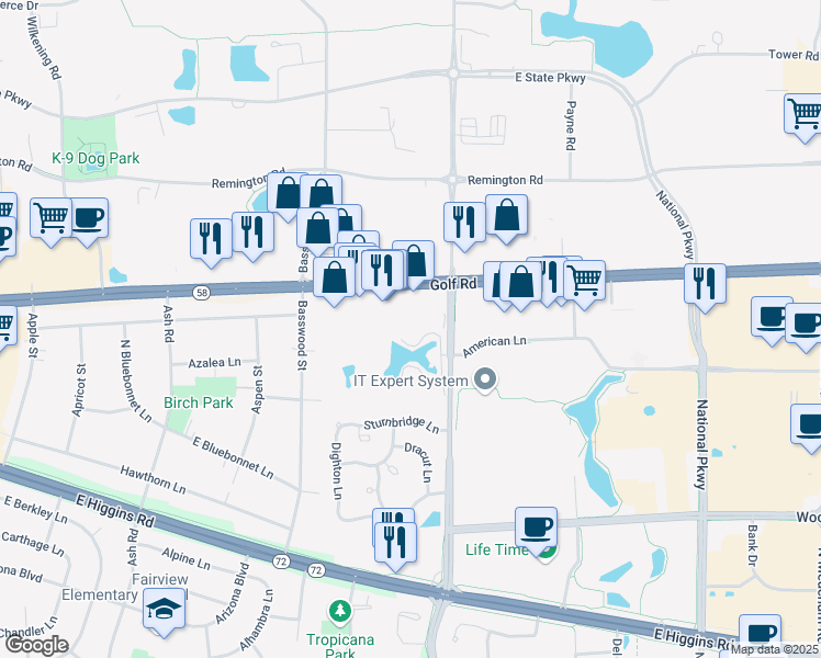 map of restaurants, bars, coffee shops, grocery stores, and more near 1106 North Plum Grove Road in Schaumburg
