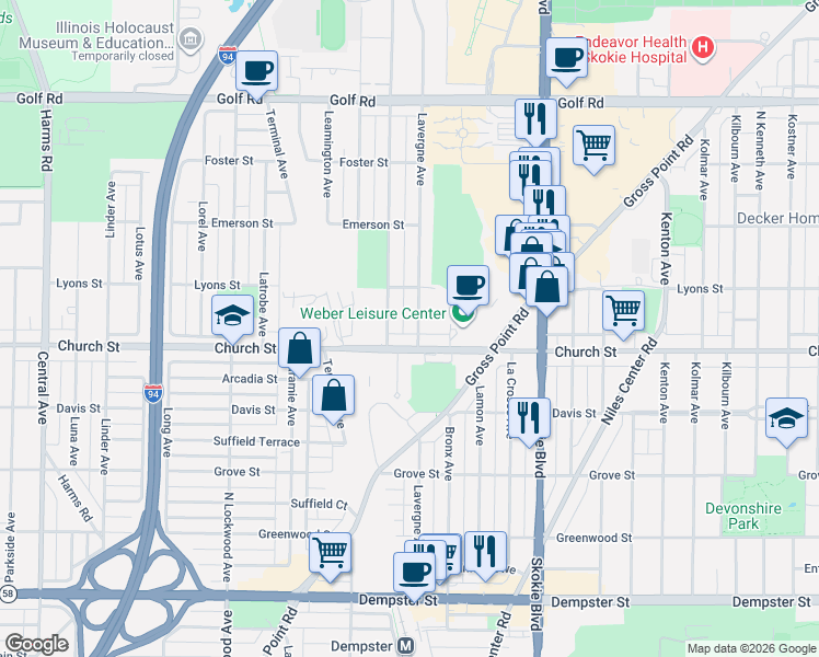 map of restaurants, bars, coffee shops, grocery stores, and more near 4959 Church Street in Skokie
