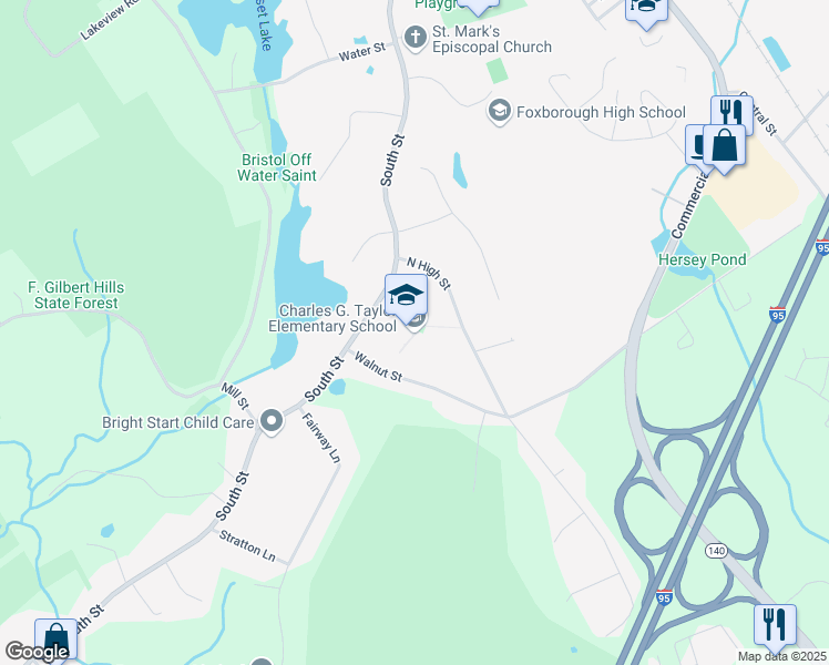 map of restaurants, bars, coffee shops, grocery stores, and more near 196 South Street in Foxborough