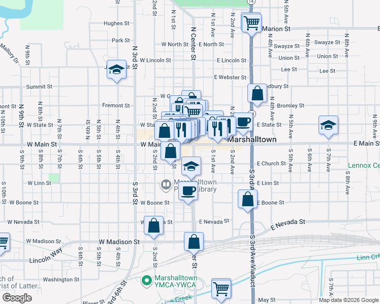 map of restaurants, bars, coffee shops, grocery stores, and more near 13 South Center Street in Marshalltown