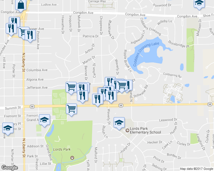 map of restaurants, bars, coffee shops, grocery stores, and more near 935 Jefferson Avenue in Elgin