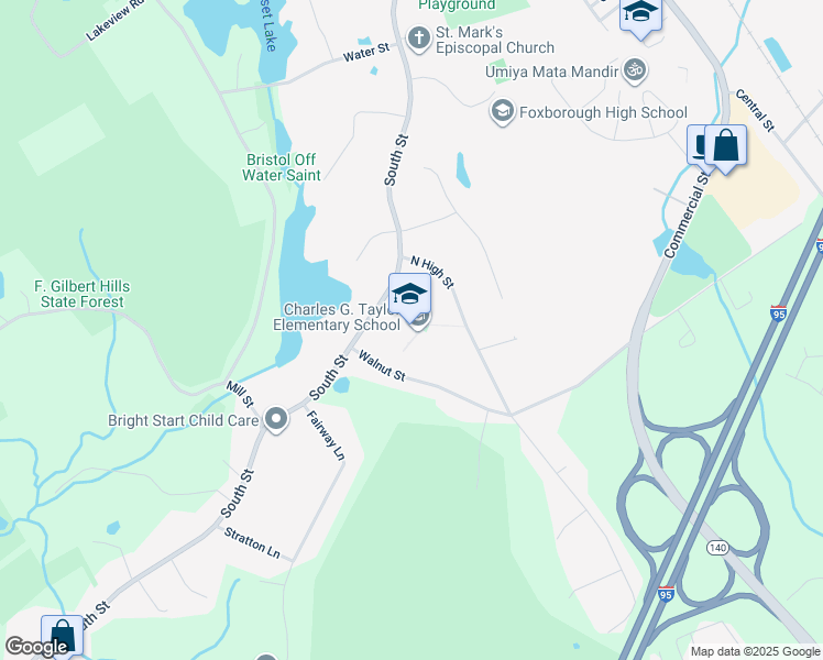 map of restaurants, bars, coffee shops, grocery stores, and more near 196 South Street in Foxborough