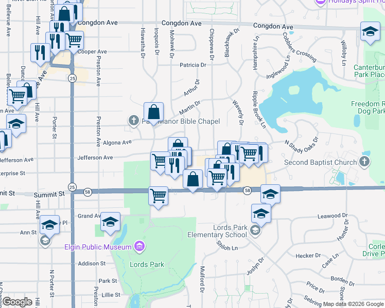 map of restaurants, bars, coffee shops, grocery stores, and more near 869 Jefferson Avenue in Elgin