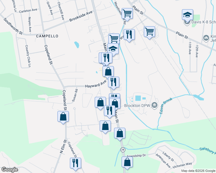 map of restaurants, bars, coffee shops, grocery stores, and more near 1875 Main Street in Brockton