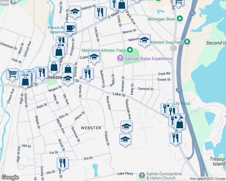 map of restaurants, bars, coffee shops, grocery stores, and more near 80 Lake Street in Webster