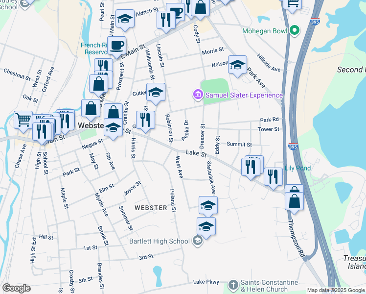 map of restaurants, bars, coffee shops, grocery stores, and more near 80 Lake Street in Webster