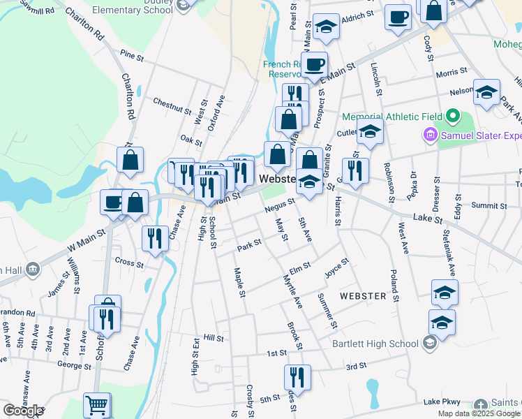 map of restaurants, bars, coffee shops, grocery stores, and more near 15 Brookline Street in Webster