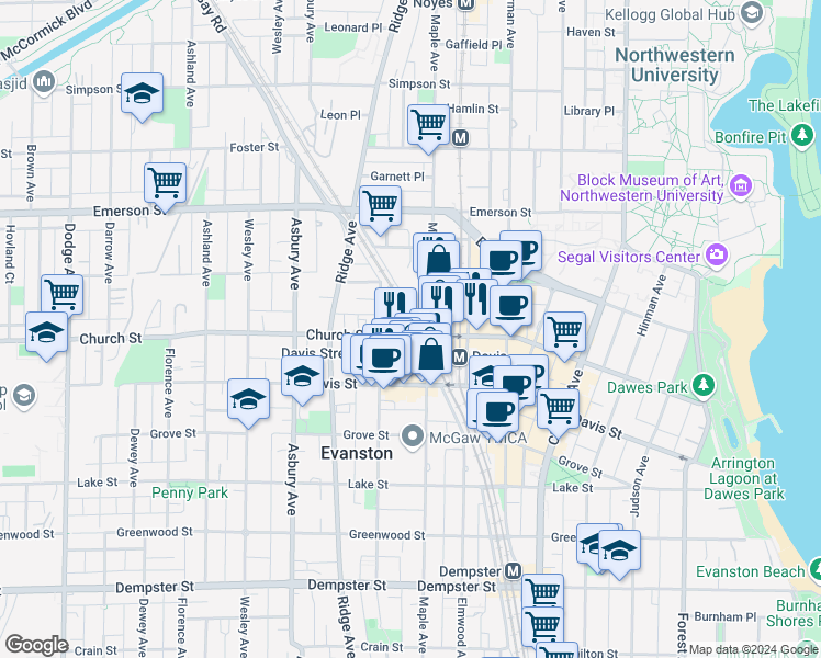 map of restaurants, bars, coffee shops, grocery stores, and more near 1630 Maple Avenue in Evanston