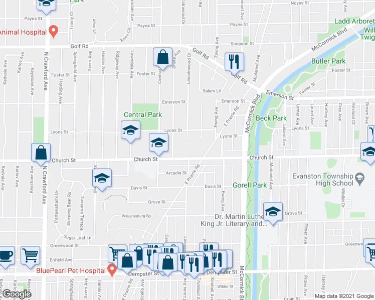 map of restaurants, bars, coffee shops, grocery stores, and more near in Evanston