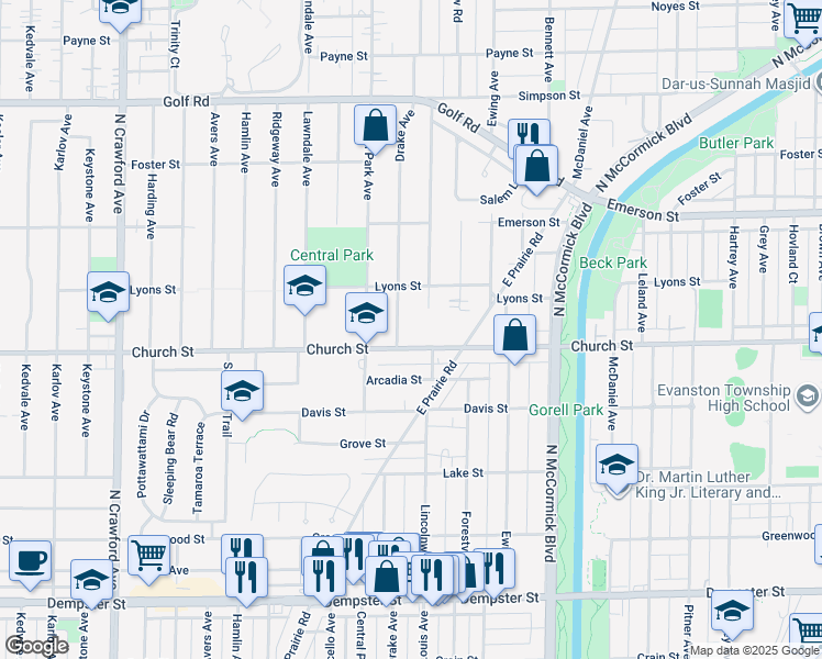 map of restaurants, bars, coffee shops, grocery stores, and more near in Evanston