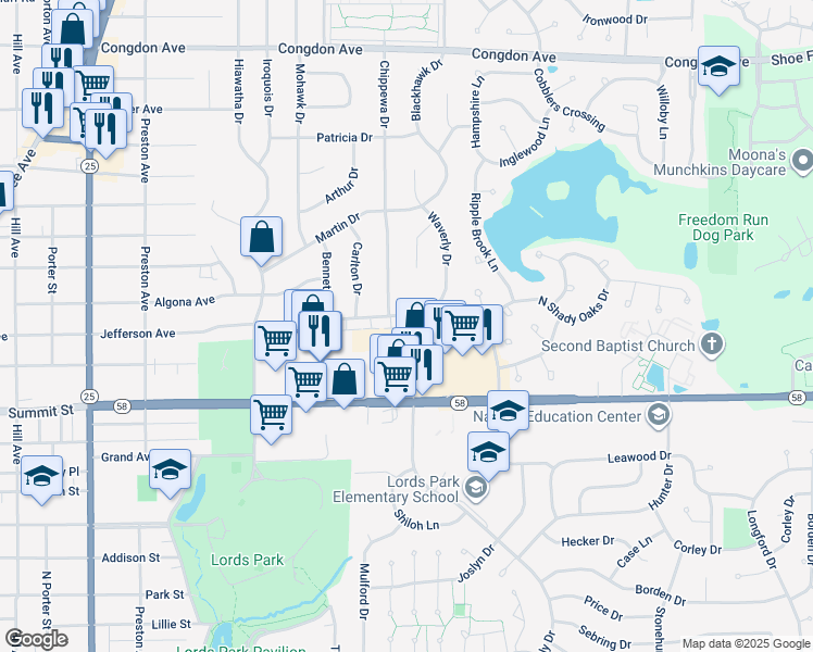 map of restaurants, bars, coffee shops, grocery stores, and more near 838 Waverly Drive in Elgin