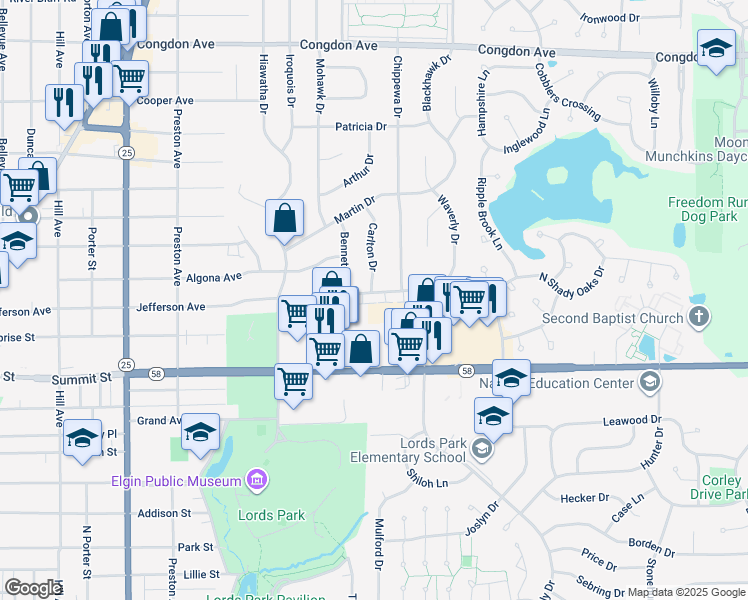 map of restaurants, bars, coffee shops, grocery stores, and more near 858 Summit Street in Elgin