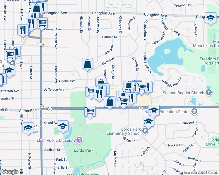 map of restaurants, bars, coffee shops, grocery stores, and more near in Elgin