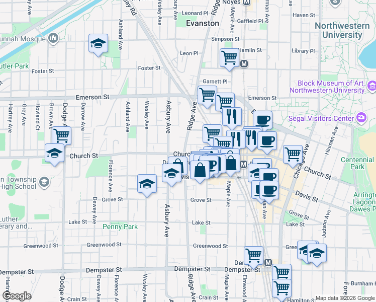 map of restaurants, bars, coffee shops, grocery stores, and more near 1705 Ridge Avenue in Evanston