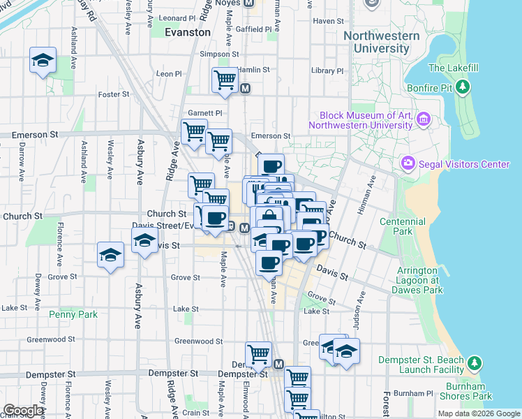 map of restaurants, bars, coffee shops, grocery stores, and more near 1620 N Sherman Avenue in Evanston