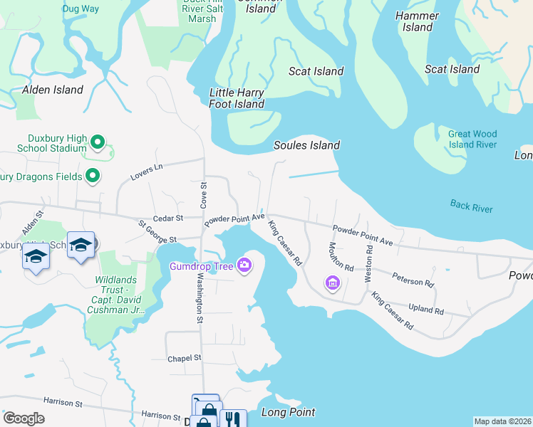 map of restaurants, bars, coffee shops, grocery stores, and more near 29 Bay Pond Road in Duxbury