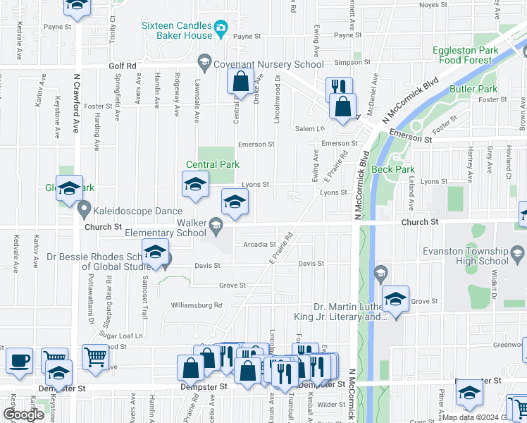 map of restaurants, bars, coffee shops, grocery stores, and more near in Evanston