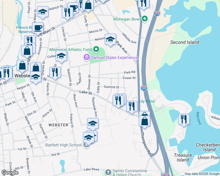 map of restaurants, bars, coffee shops, grocery stores, and more near 21 Emerald Avenue in Webster