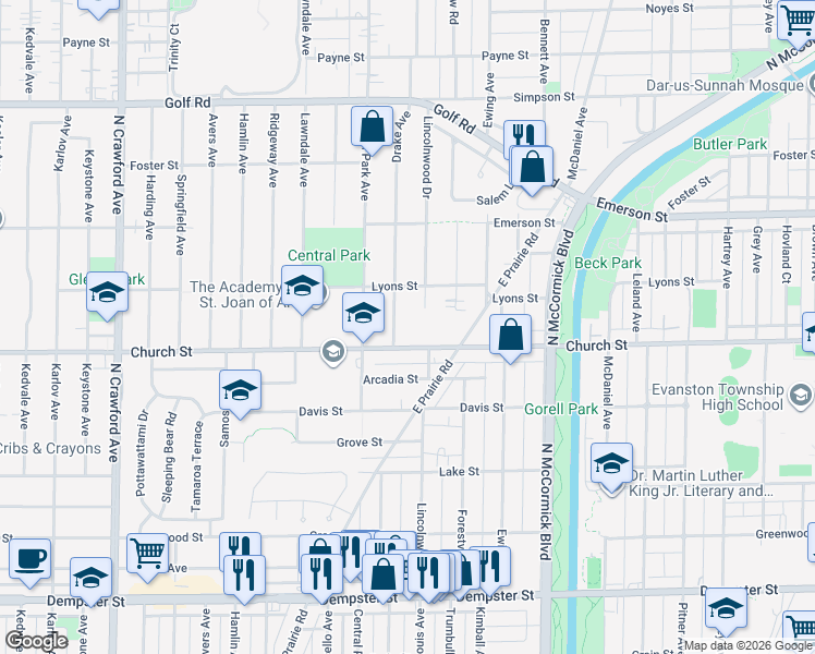 map of restaurants, bars, coffee shops, grocery stores, and more near in Evanston