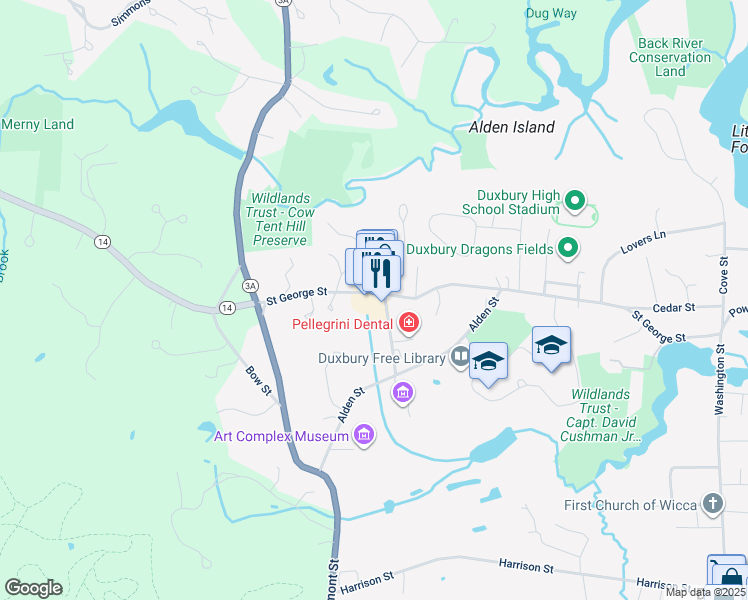 map of restaurants, bars, coffee shops, grocery stores, and more near 285 Saint George Street in Duxbury