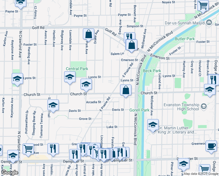map of restaurants, bars, coffee shops, grocery stores, and more near 9245 Forestview Road in Evanston