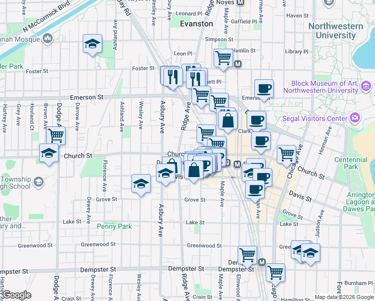 map of restaurants, bars, coffee shops, grocery stores, and more near 1121 Church Street in Evanston