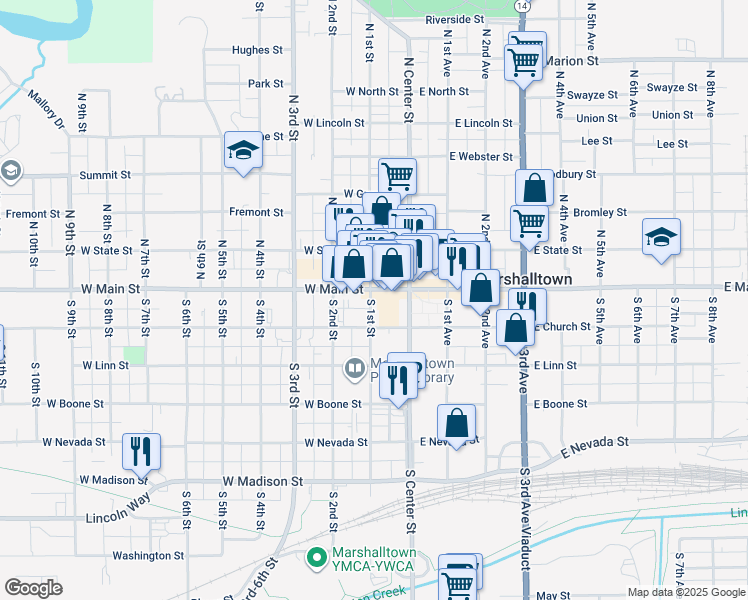 map of restaurants, bars, coffee shops, grocery stores, and more near 17 North 1st Street in Marshalltown