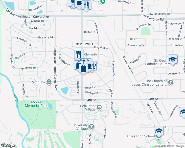 map of restaurants, bars, coffee shops, grocery stores, and more near 2719 Kent Avenue in Ames