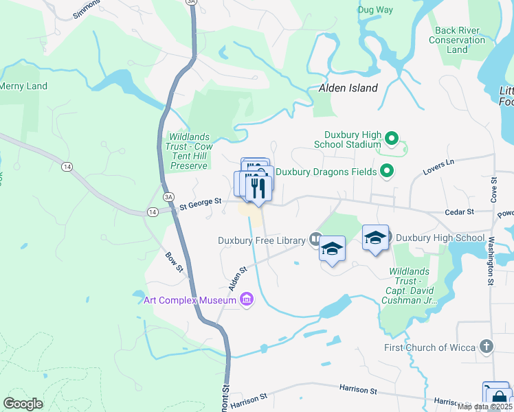 map of restaurants, bars, coffee shops, grocery stores, and more near 277 Saint George Street in Duxbury