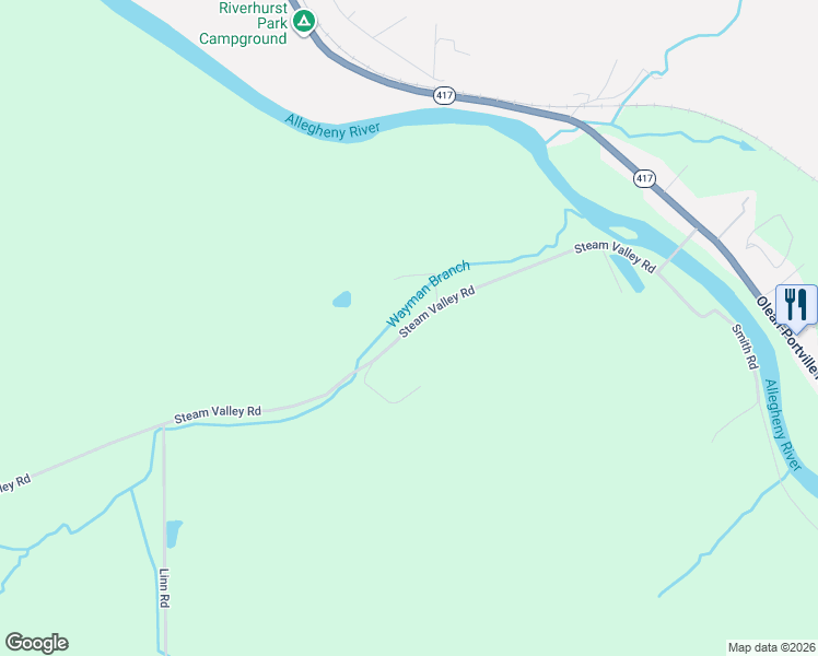 map of restaurants, bars, coffee shops, grocery stores, and more near Steam Valley Road in Olean
