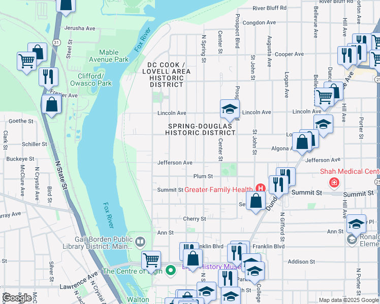 map of restaurants, bars, coffee shops, grocery stores, and more near 621 Douglas Avenue in Elgin