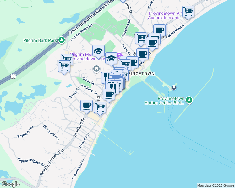map of restaurants, bars, coffee shops, grocery stores, and more near 7 Carver Street in Provincetown