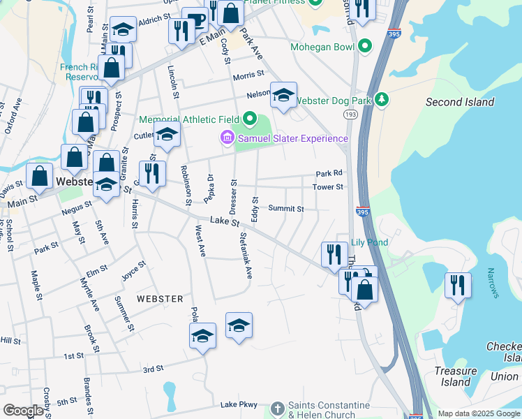 map of restaurants, bars, coffee shops, grocery stores, and more near 26 Tower Street in Webster