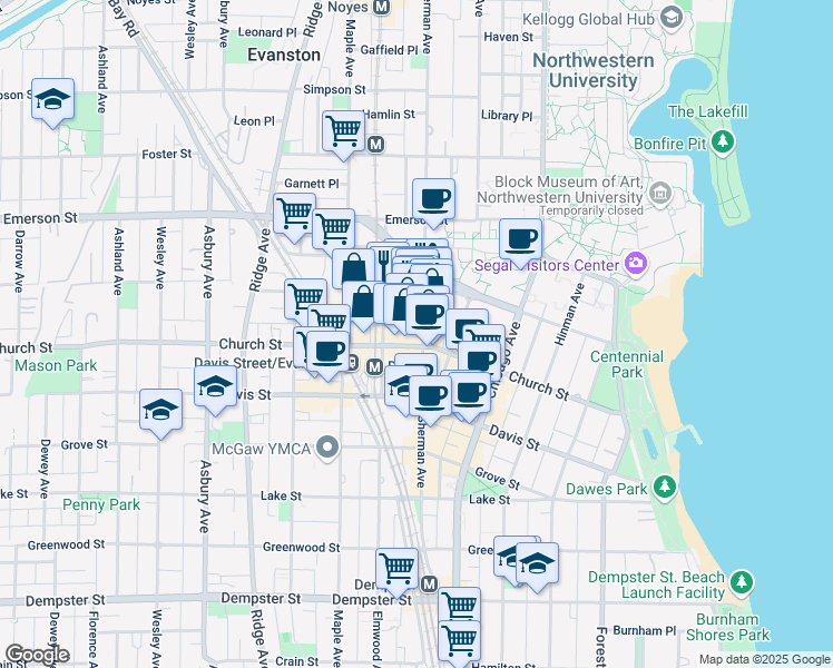 map of restaurants, bars, coffee shops, grocery stores, and more near 816 Clark Street in Evanston