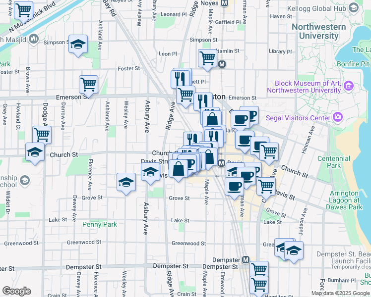 map of restaurants, bars, coffee shops, grocery stores, and more near 1718 Oak Avenue in Evanston