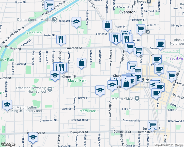 map of restaurants, bars, coffee shops, grocery stores, and more near 1723 Ashland Avenue in Evanston