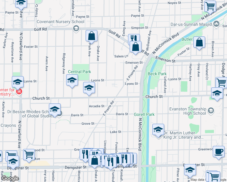 map of restaurants, bars, coffee shops, grocery stores, and more near 9245 Forestview Road in Evanston