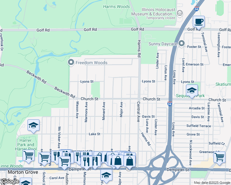 map of restaurants, bars, coffee shops, grocery stores, and more near 9237 Mango Avenue in Morton Grove