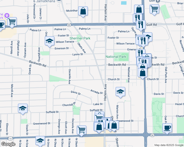 map of restaurants, bars, coffee shops, grocery stores, and more near 9241 Cameron Lane in Morton Grove