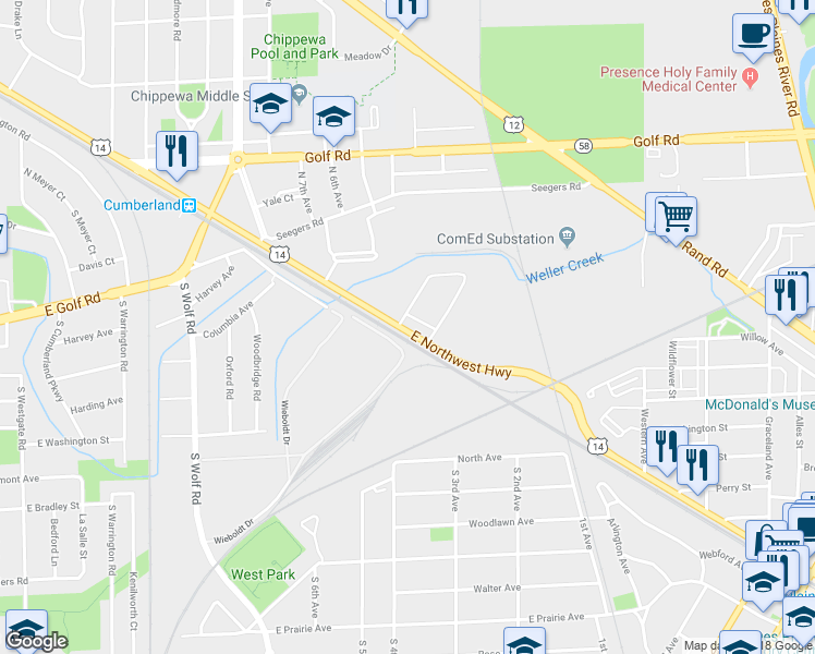 map of restaurants, bars, coffee shops, grocery stores, and more near 45 Nicholas Drive West in Des Plaines