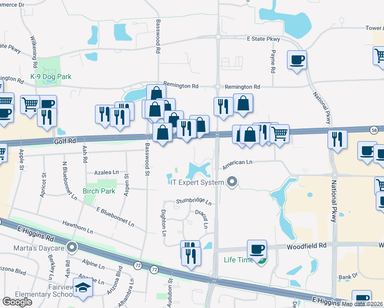 map of restaurants, bars, coffee shops, grocery stores, and more near 705 East Golf Road in Schaumburg