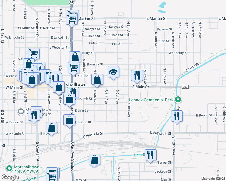 map of restaurants, bars, coffee shops, grocery stores, and more near 600-698 County Highway E35 in Marshalltown