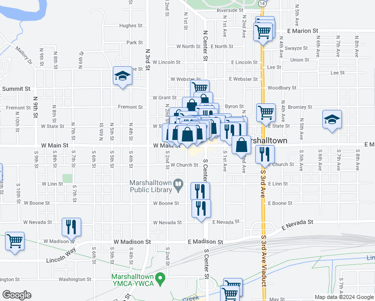 map of restaurants, bars, coffee shops, grocery stores, and more near 17 North 1st Street in Marshalltown