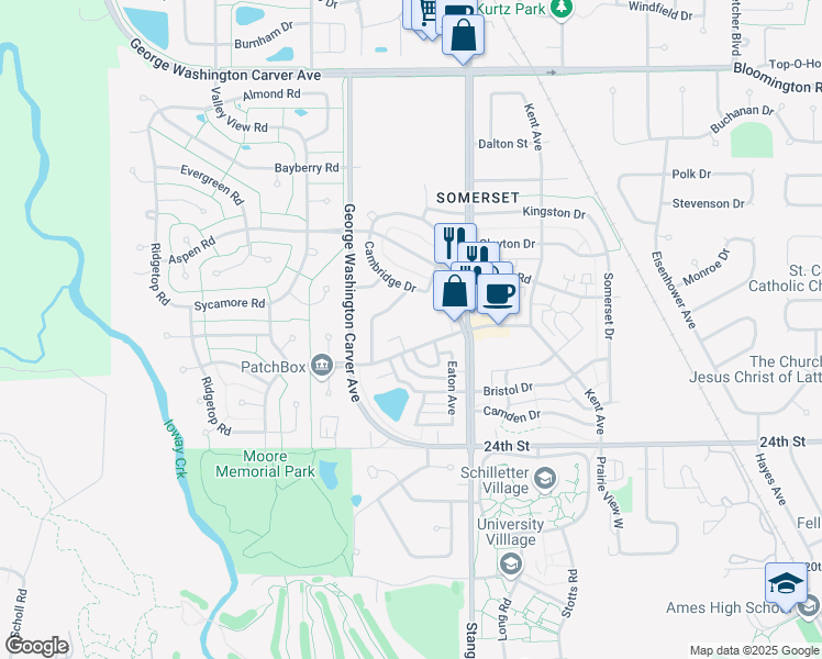 map of restaurants, bars, coffee shops, grocery stores, and more near 2710 Aspen Road in Ames